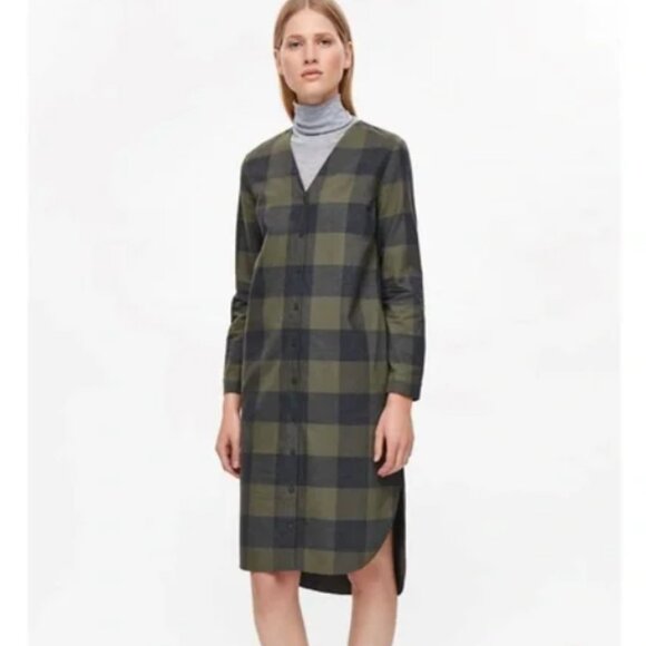 COS Shirt Dress Midi Checks 100% Cotton Lagenlook Size 12 - Picture 1 of 11